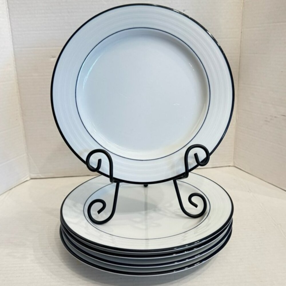 1 Crate & Barrel Spal Porcelain Roulette Blue Trim 10 5/8” Dinner Plate